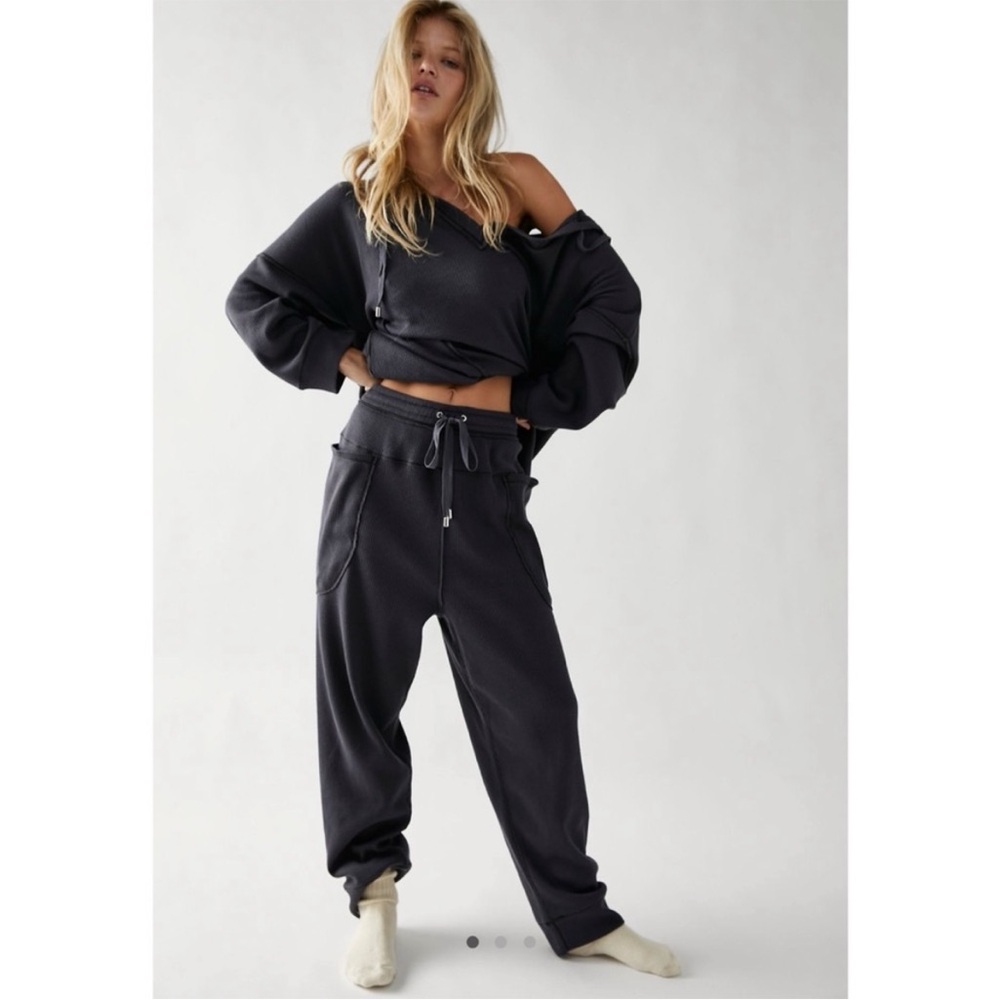 Free People Early Night Thermal Set Pants Sweater Waffle Knit Oversized‎ Small